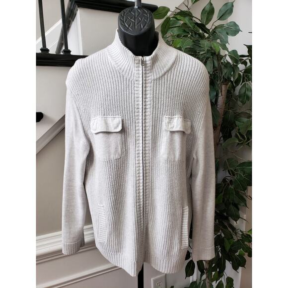 Alfani Cardigan Sweater Men's Large White Knit 100% Cotton Long Sleeve Full Zip - Picture 1 of 11